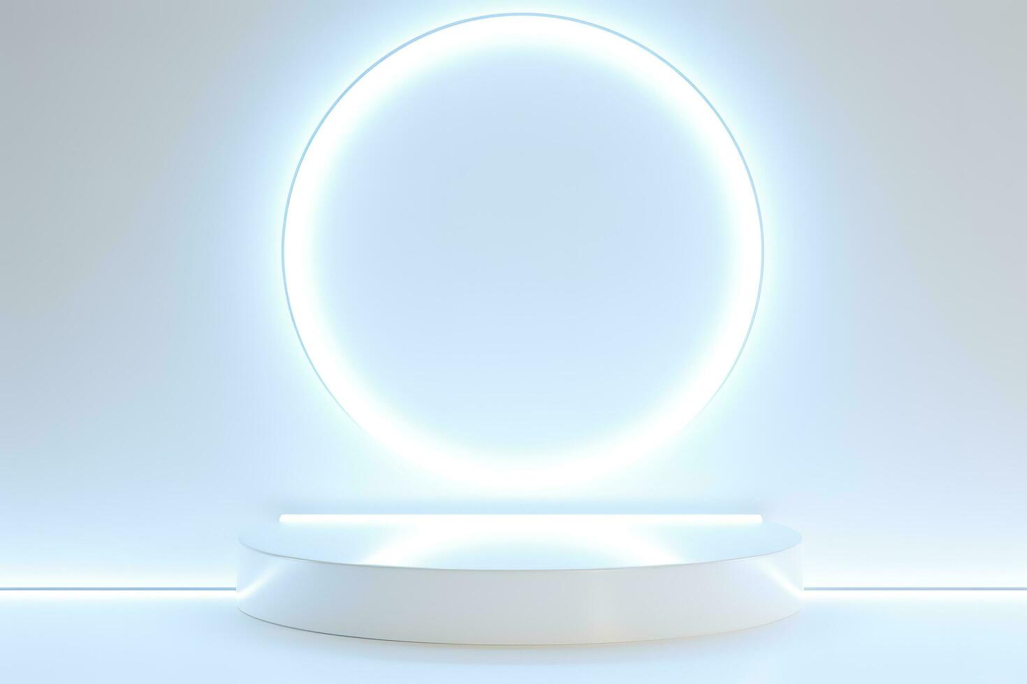 Abstract 3D silver cylinder pedestal podium floating on air with glowing neon ring background. Silver wall scene for product display presentation. rendering geometric platform, generate ai photo