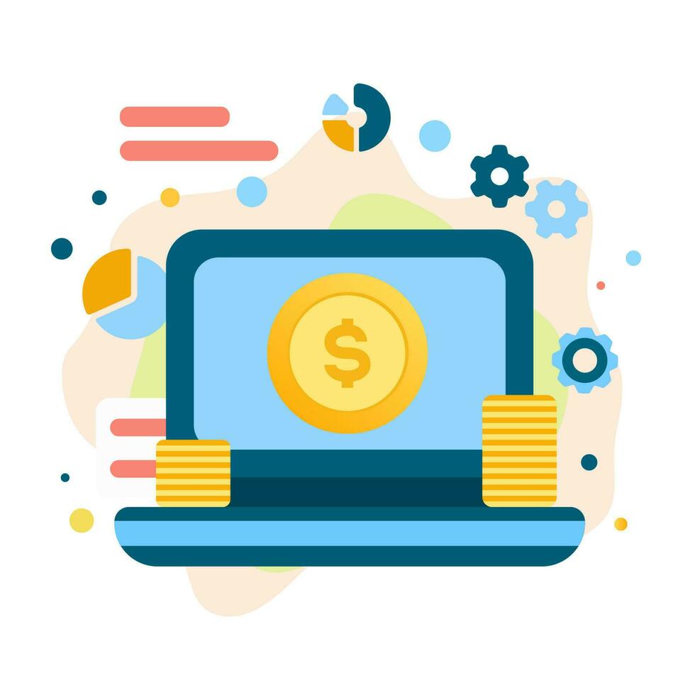 Laptop with a dollar sign on it and coins. Business illustration concept. vector