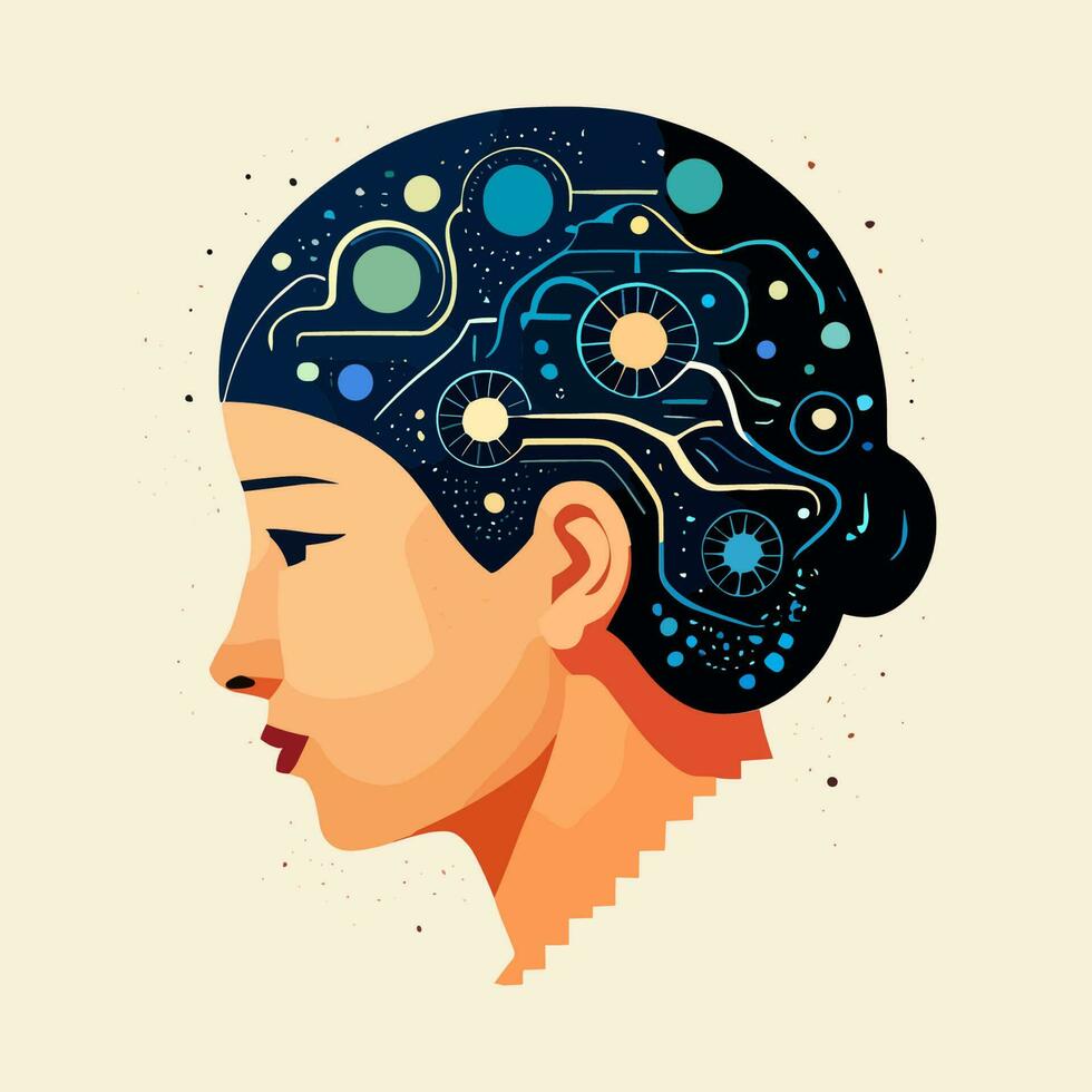 mujer con un cabeza lleno de ligero bombillas en el antecedentes. innovación moderno ilustración. vector