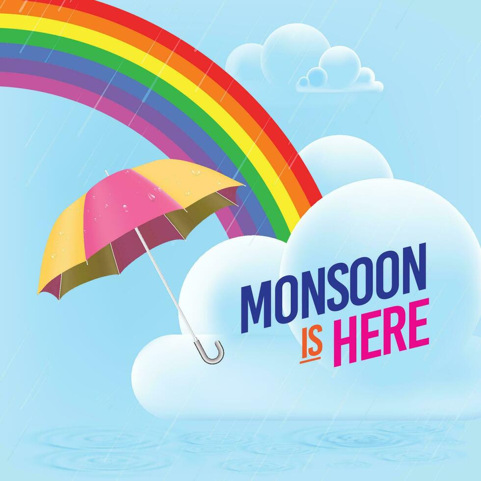 monsoon bakgroun. modern clouds in sky with umbrella and rainbow vector
