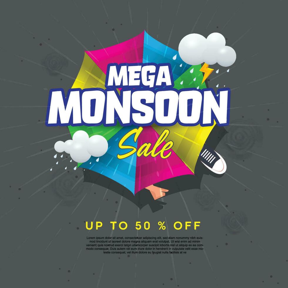 Mega monsoon sale unit. top view of a man walking under colorful umberalla vector