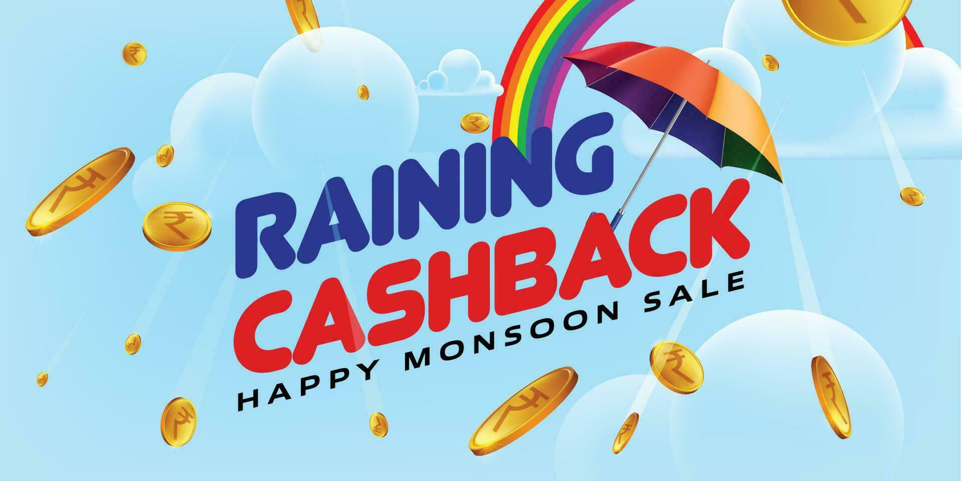 raining cashback in monsoon concept. raining coins. vector
