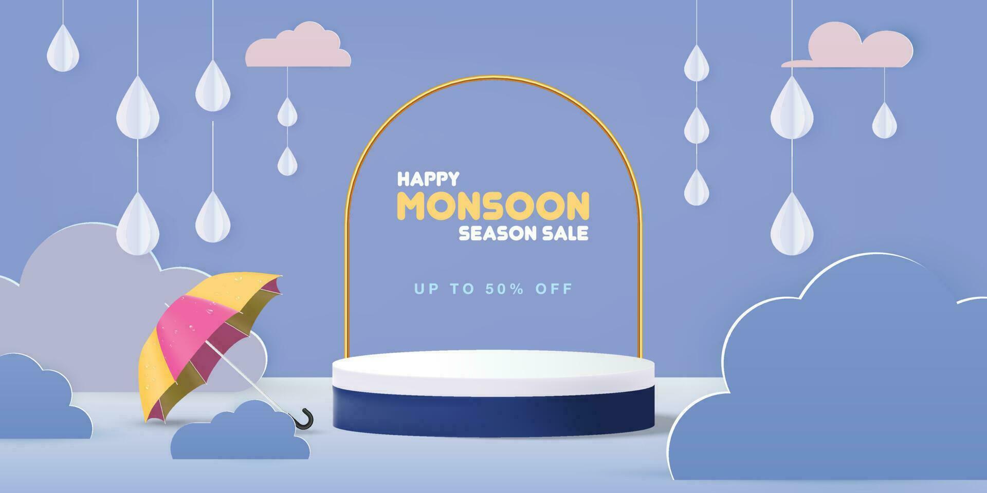 vector monsoon banner template with product podium, modern clouds, water drops on umbrella and raindrops