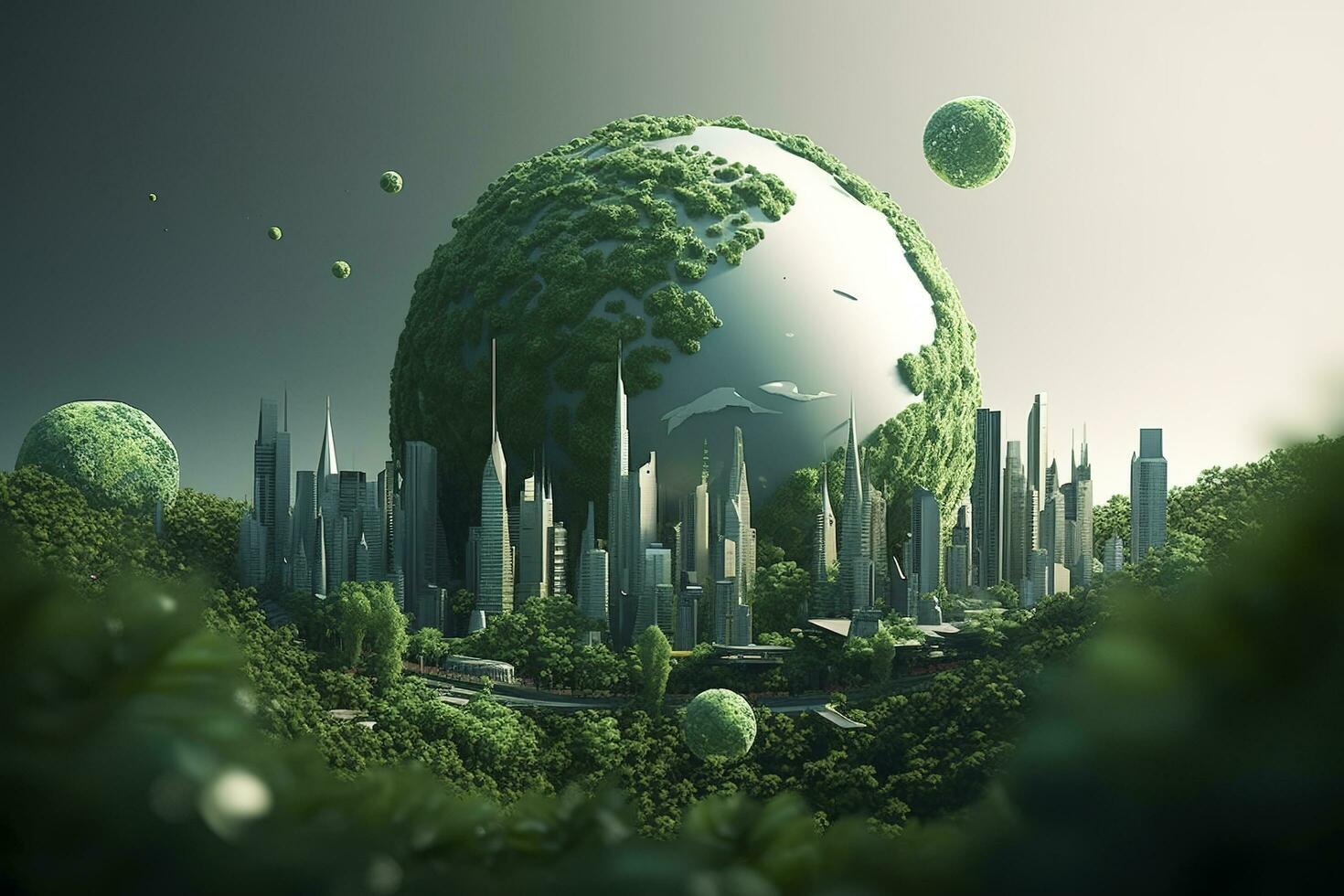 papel Arte , verde planeta tierra de esfera futurista , cristal tierra planeta verde bosque ciudad , generar ai foto