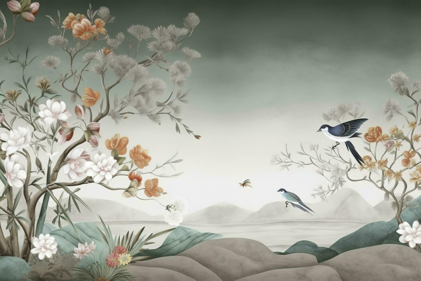 3d floral mural fondo de pantalla con un ligero sencillo antecedentes. ramas de flores, hierbas, aves, y montañas. moderno Arte para pared hogar decoración, generar ai foto