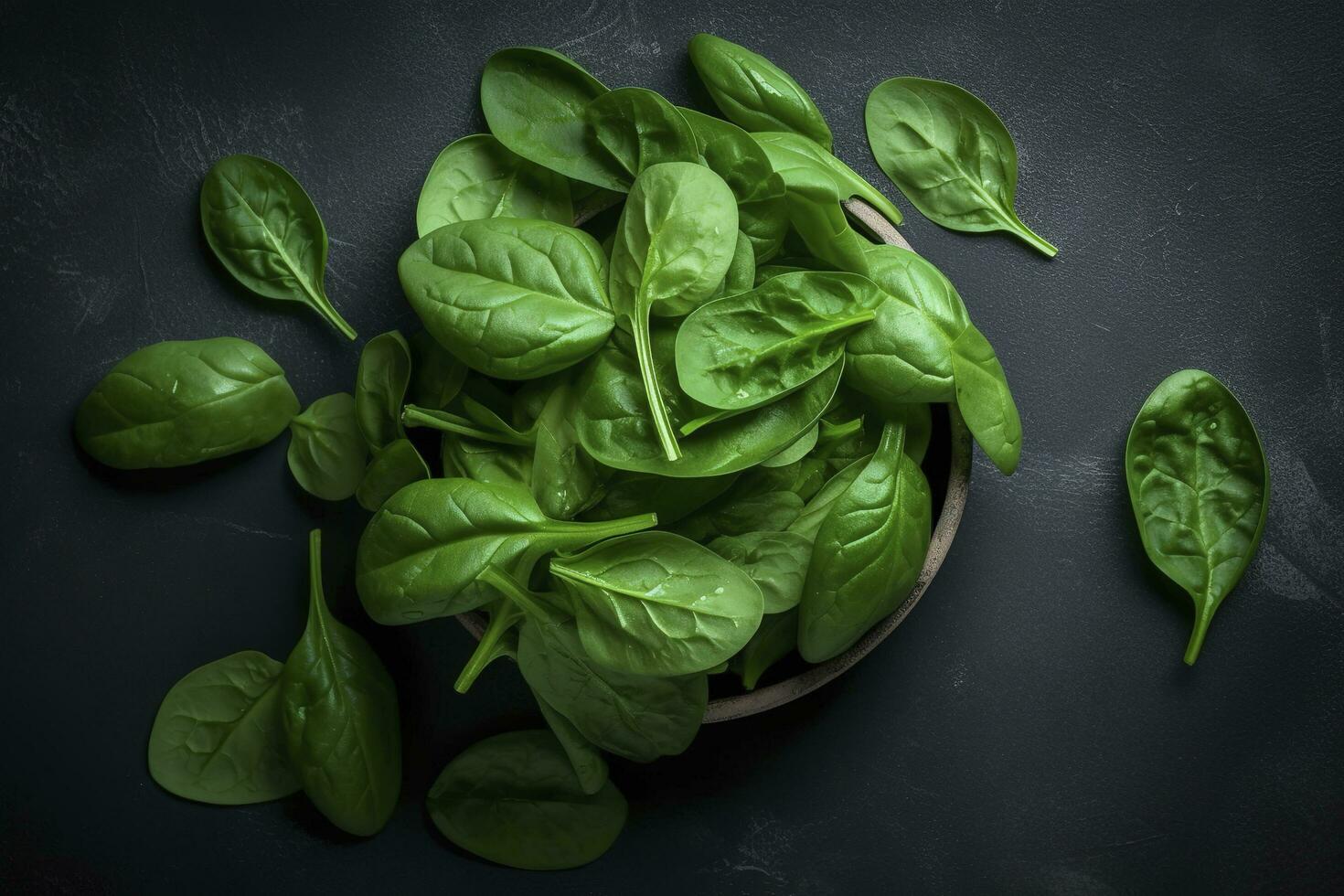 Fresh organic baby spinach leaves. Top view with copy space, generate ai photo