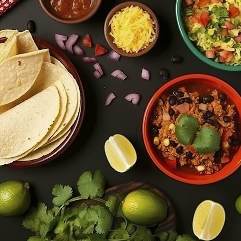 Mexican food corner border, top-down view over a dark banner background. Tacos, quesadilla, burritos and nachos. Copy space, generate ai photo