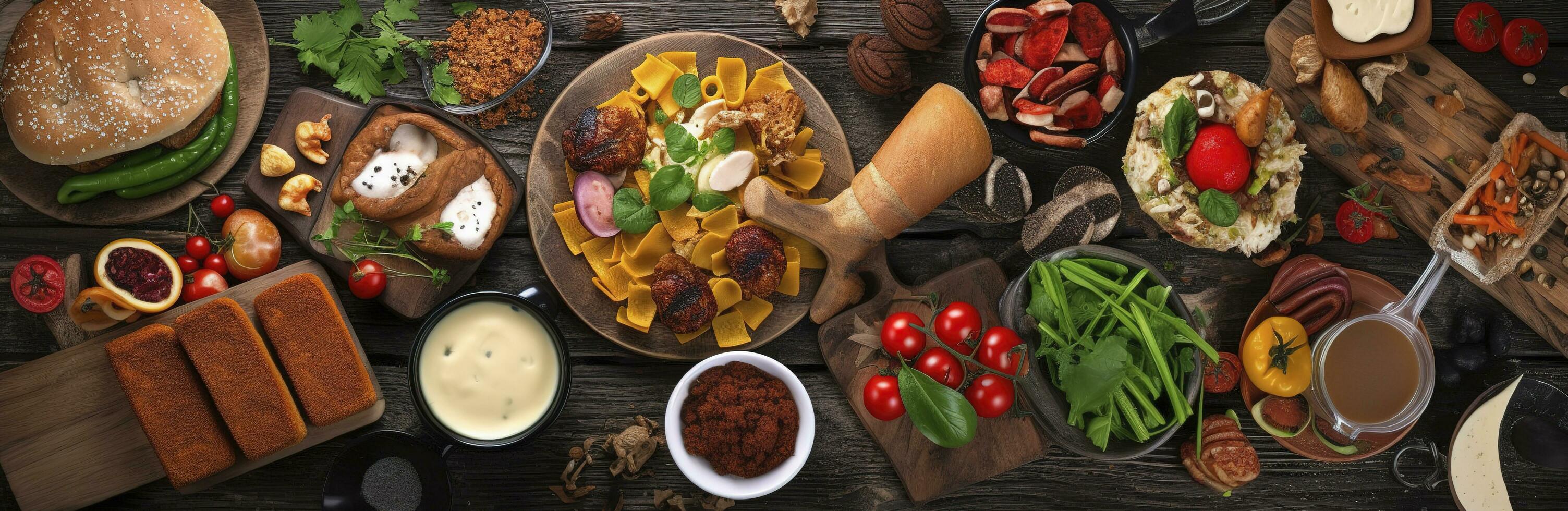 Table scene with a selection of delicious foods. Top view over a dark wood banner background, generate ai photo