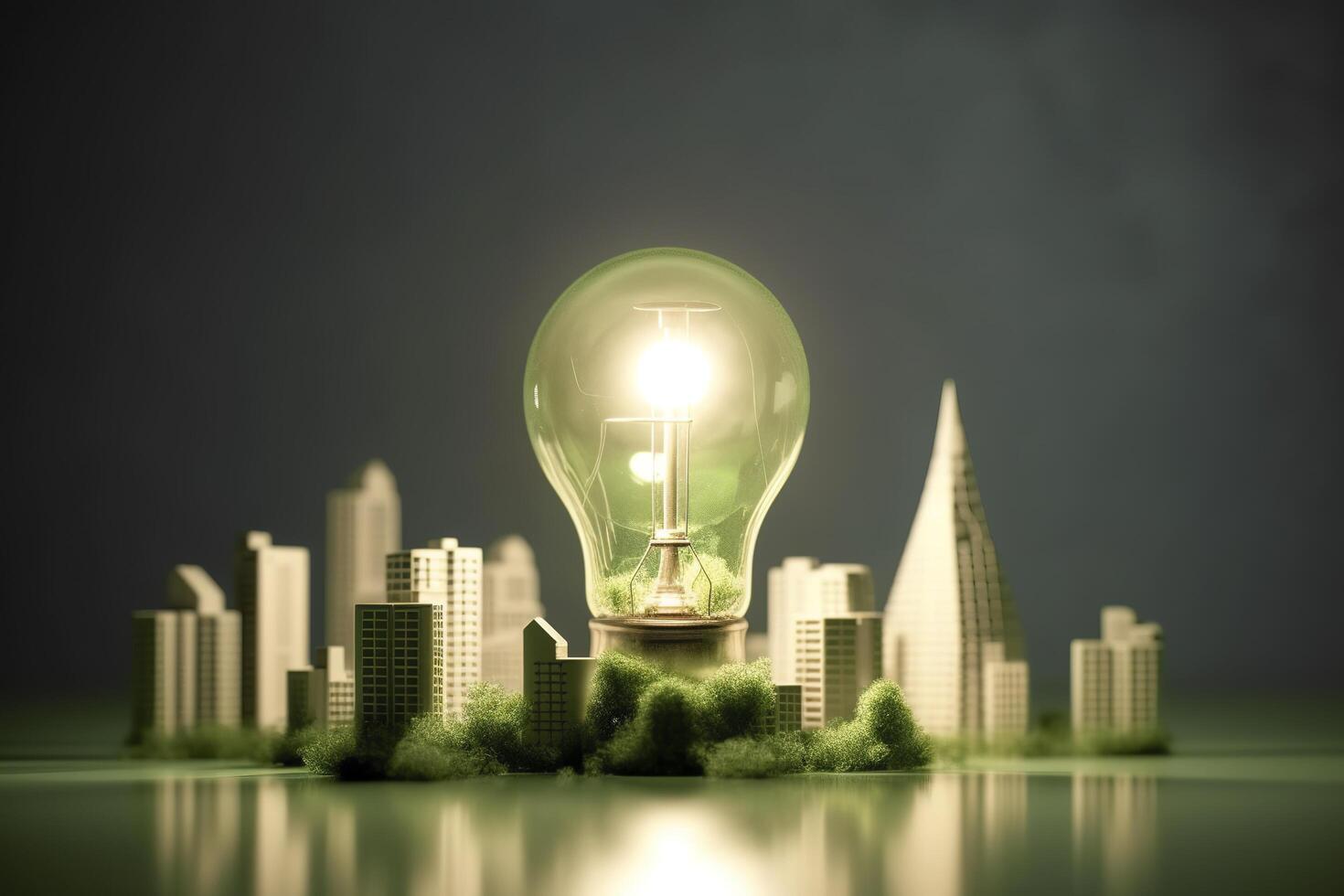 Energy consumption and CO2 gas emissions are increasing light bulbs with green eco city, Renewable energy by 2050 Carbon neutral energy, Save energy creative idea concept, . photo