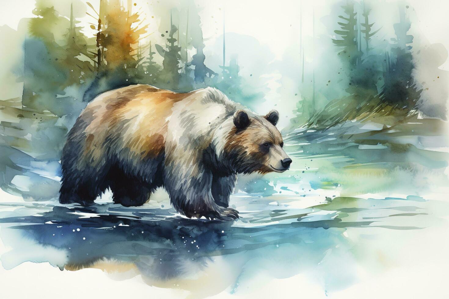 A bear fishing in a river watercolor painting, beautiful natural forms, crisp clean shapes, colorful, white background, generate ai photo