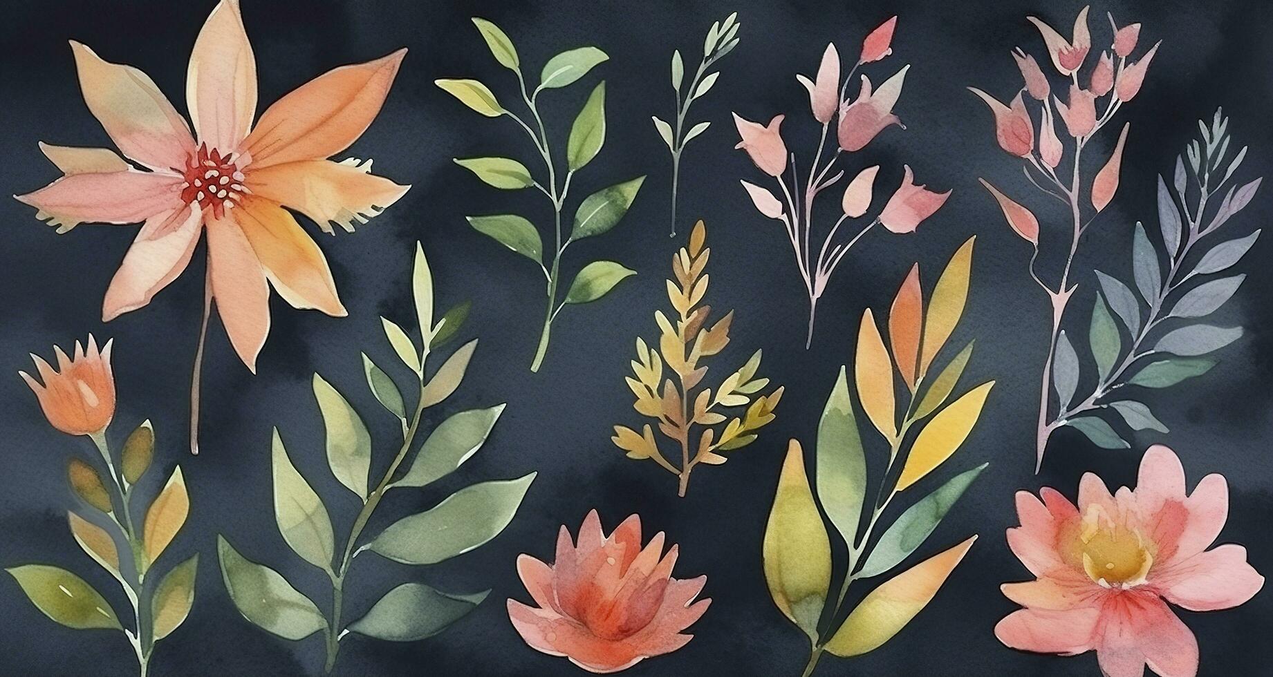 Beautiful abstract watercolor colorful flower design. Watercolor floral seamless pattern with colorful wildflowers, leaves. Colorful spring flower background with watercolor, generate ai photo