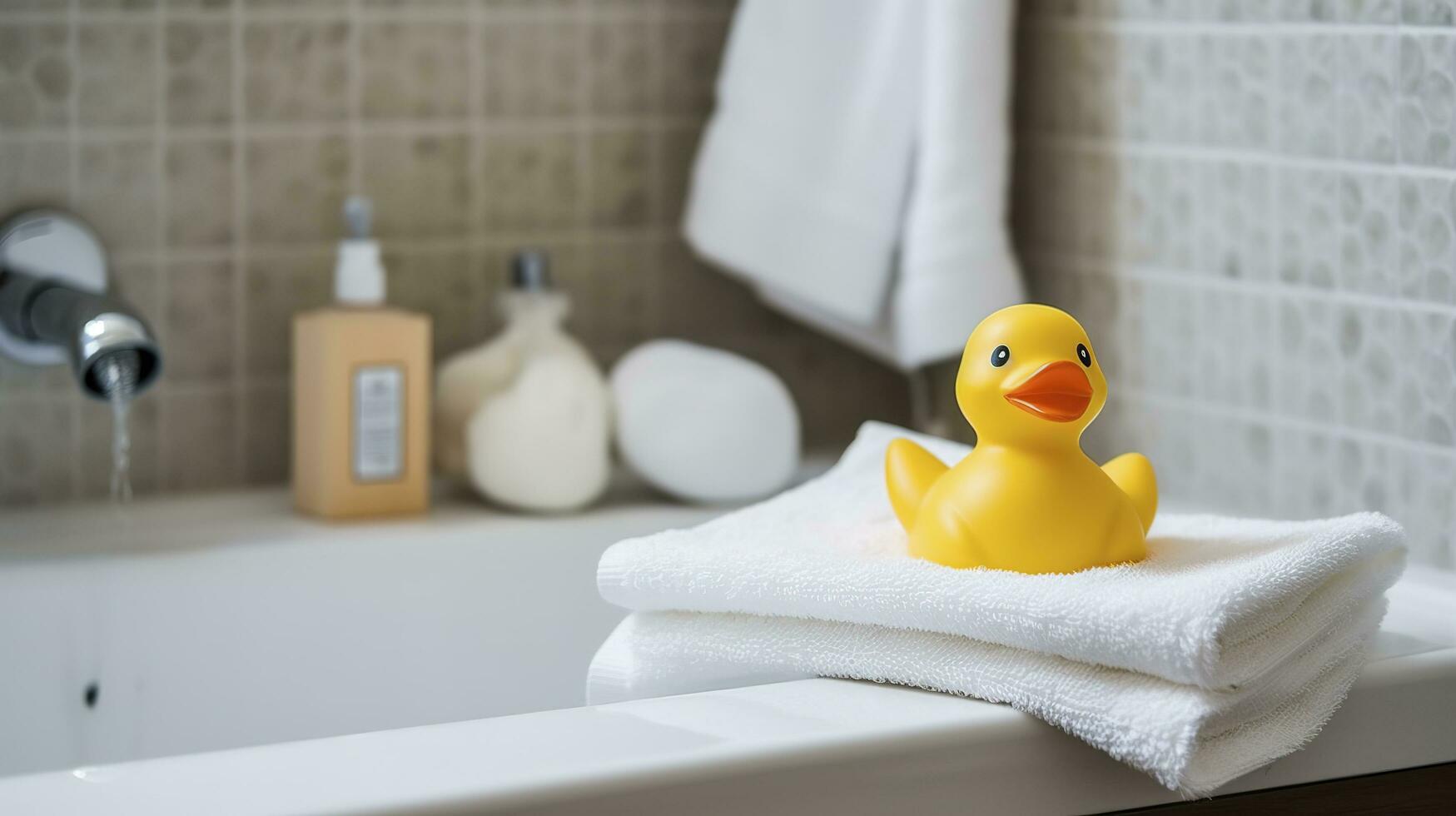 Yellow rubber duckling on white terry towel and two pieces soap, generate ai photo