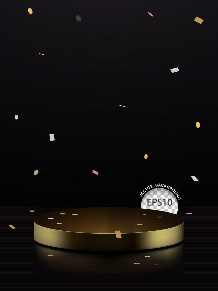 Gold cylinder pedestal podium with confetti on black background. Vector illustration