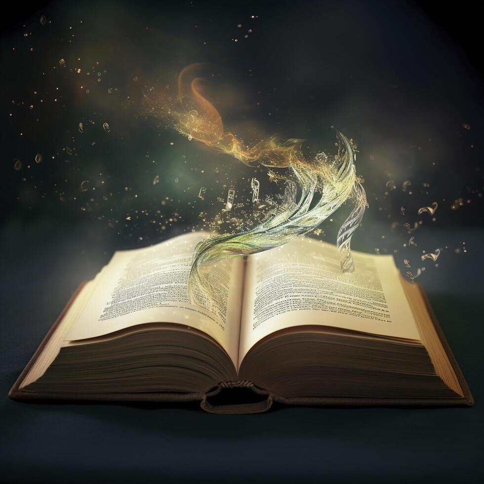Open magic book with light coming out, photo