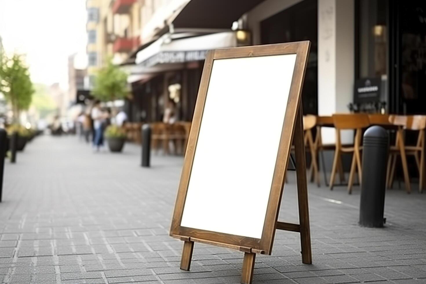 Blank restaurant shop sign or menu boards near the entrance to restaurant. Cafe menu on the street. Blackboard sign in front of a restaurant. Signboard, freestanding A-frame blackboard. . photo