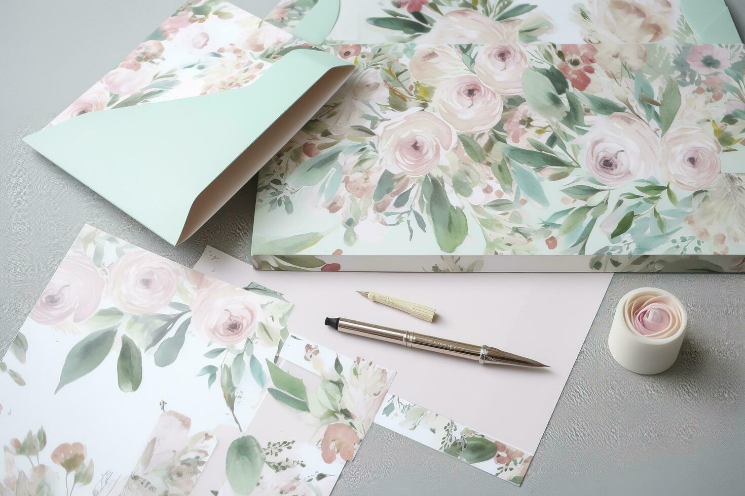 Create a set of watercolor floral patterned stationery that includes notecards, envelopes, and letterheads, generate ai photo