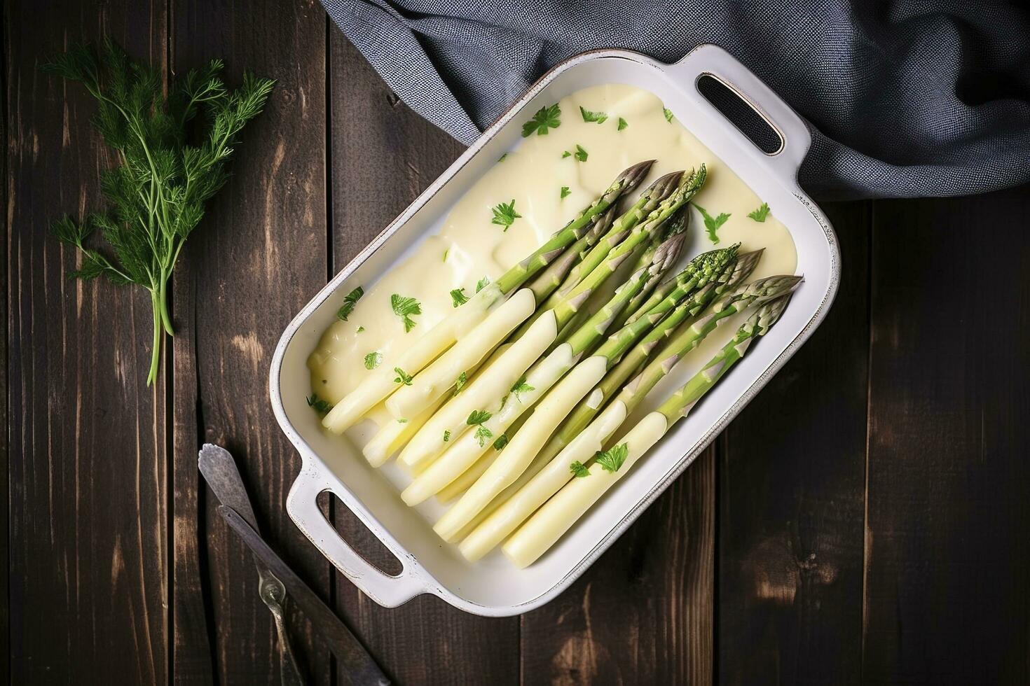 Traditional steamed white asparagus with hollandaise sauce and herbs as a top view in an enamel tray on an old wood table with copy space on the right, generate ai photo