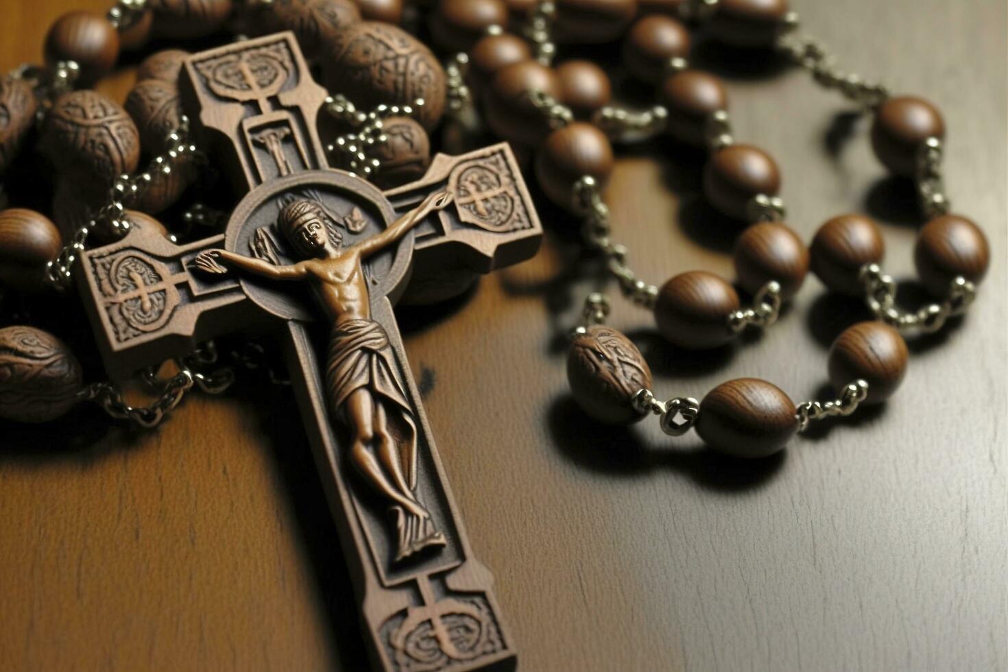 Handmade Traditional maple hard Wooden Catholic Rosary Prayer Beads Virgin Mary saint Benedict Jesus crucifix, generate ai photo