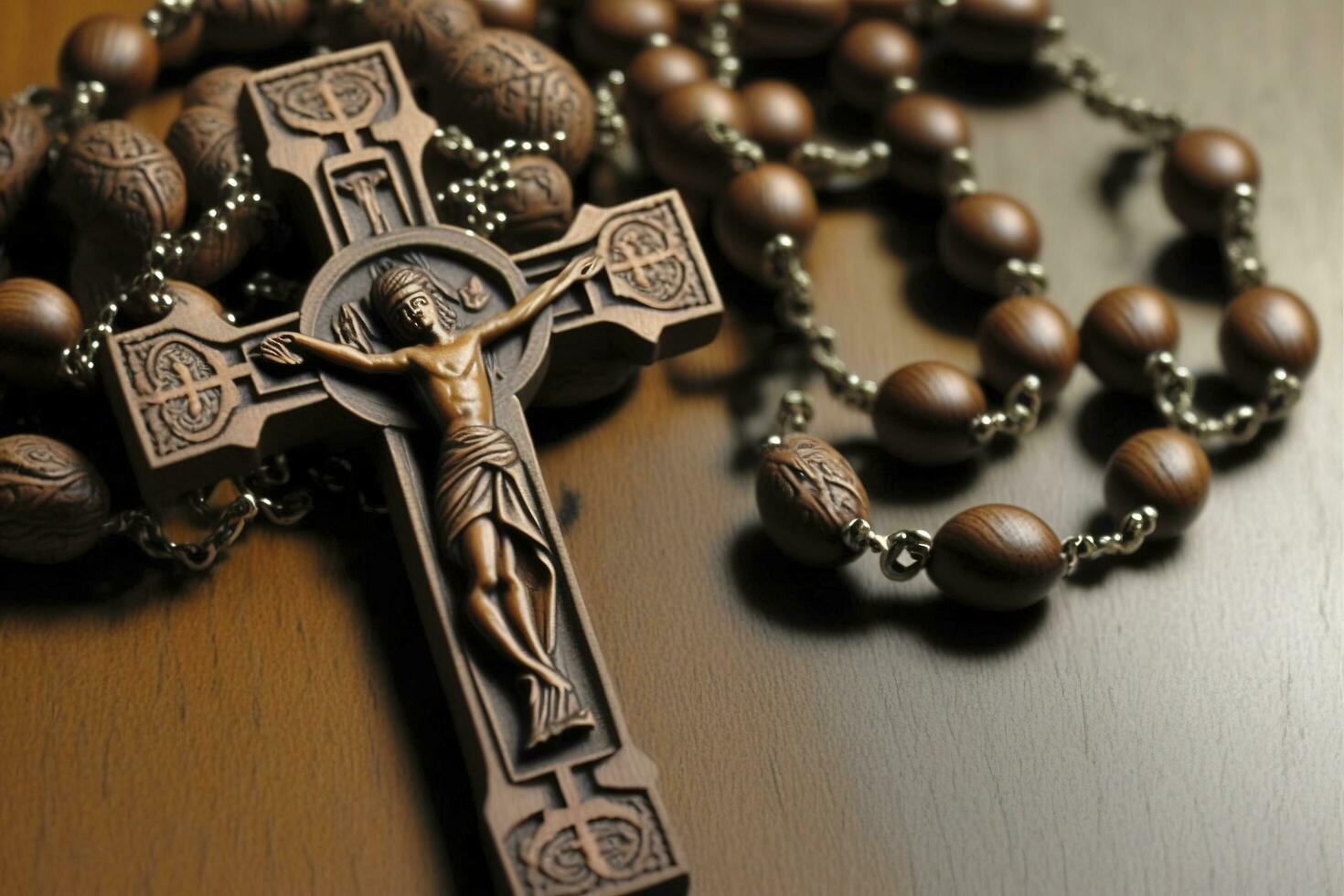 hecho a mano tradicional arce difícil de madera católico rosario oración rosario Virgen María Santo Benedicto Jesús crucifijo, generar ai foto