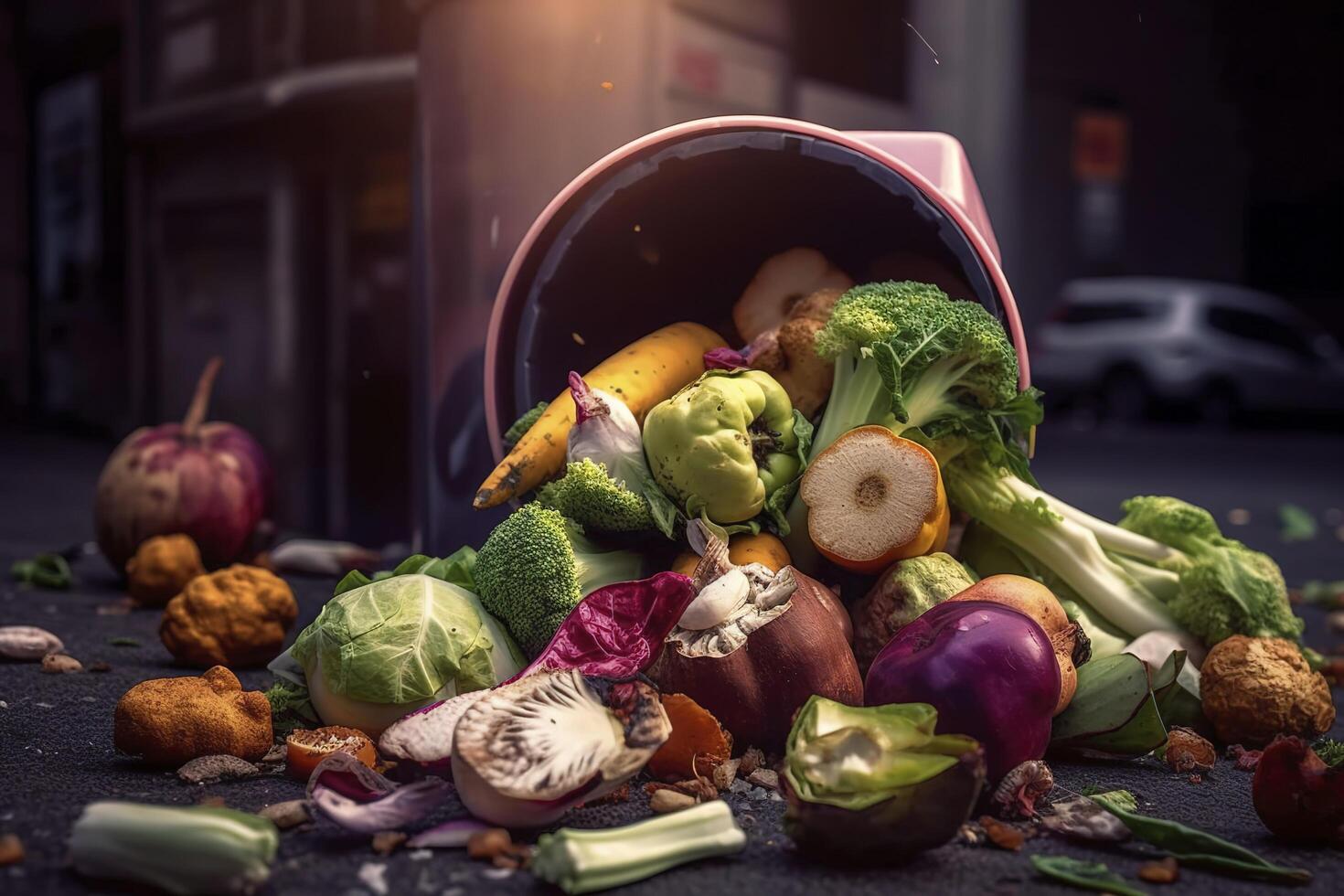 Uneaten unused spoiled vegetables thrown in the trash container. Food loss and food waste. Reducing wasted food, composting, rotten veggies in a trash. . photo