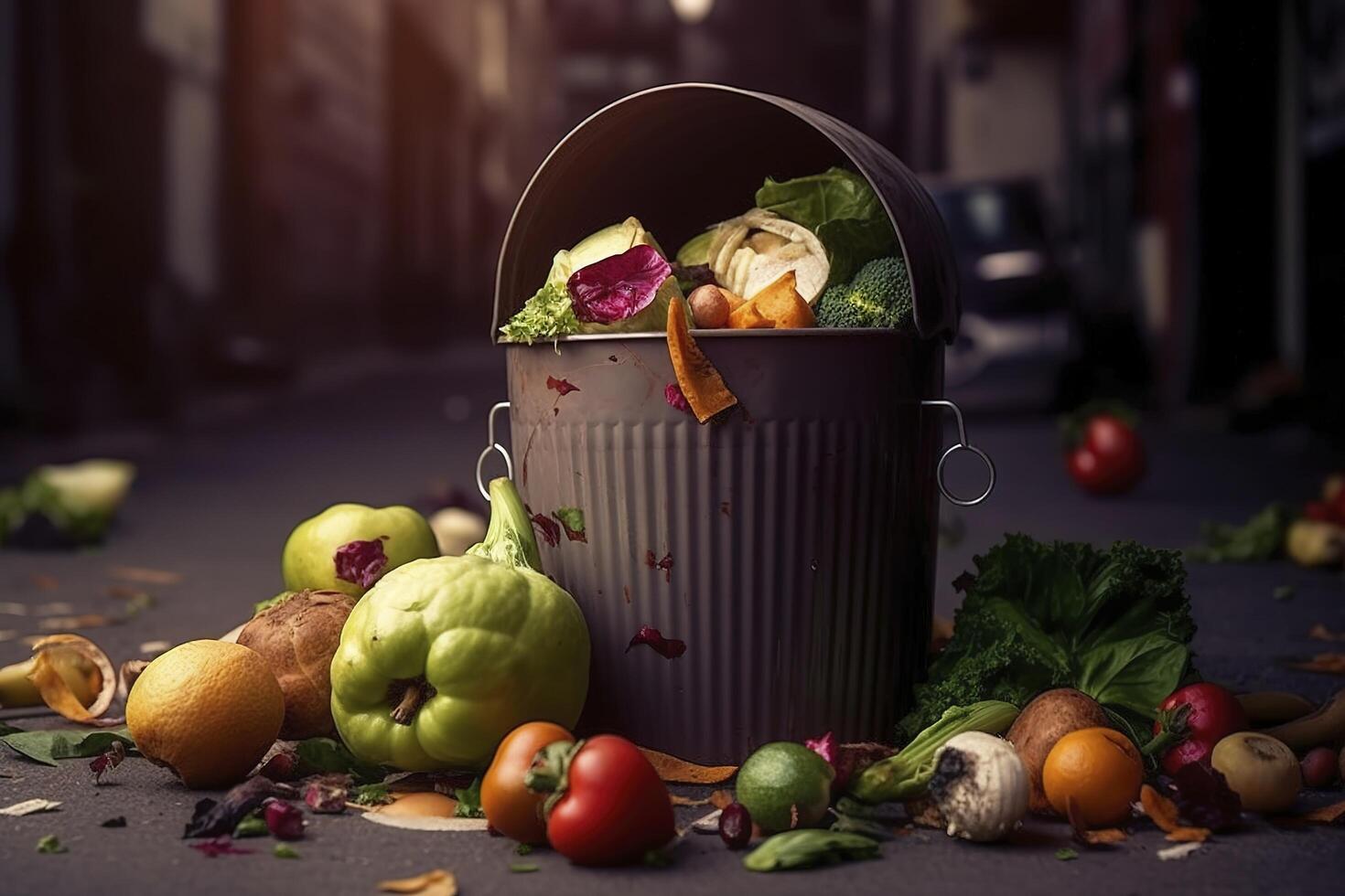 Uneaten unused spoiled vegetables thrown in the trash container. Food loss and food waste. Reducing wasted food, composting, rotten veggies in a trash. . photo