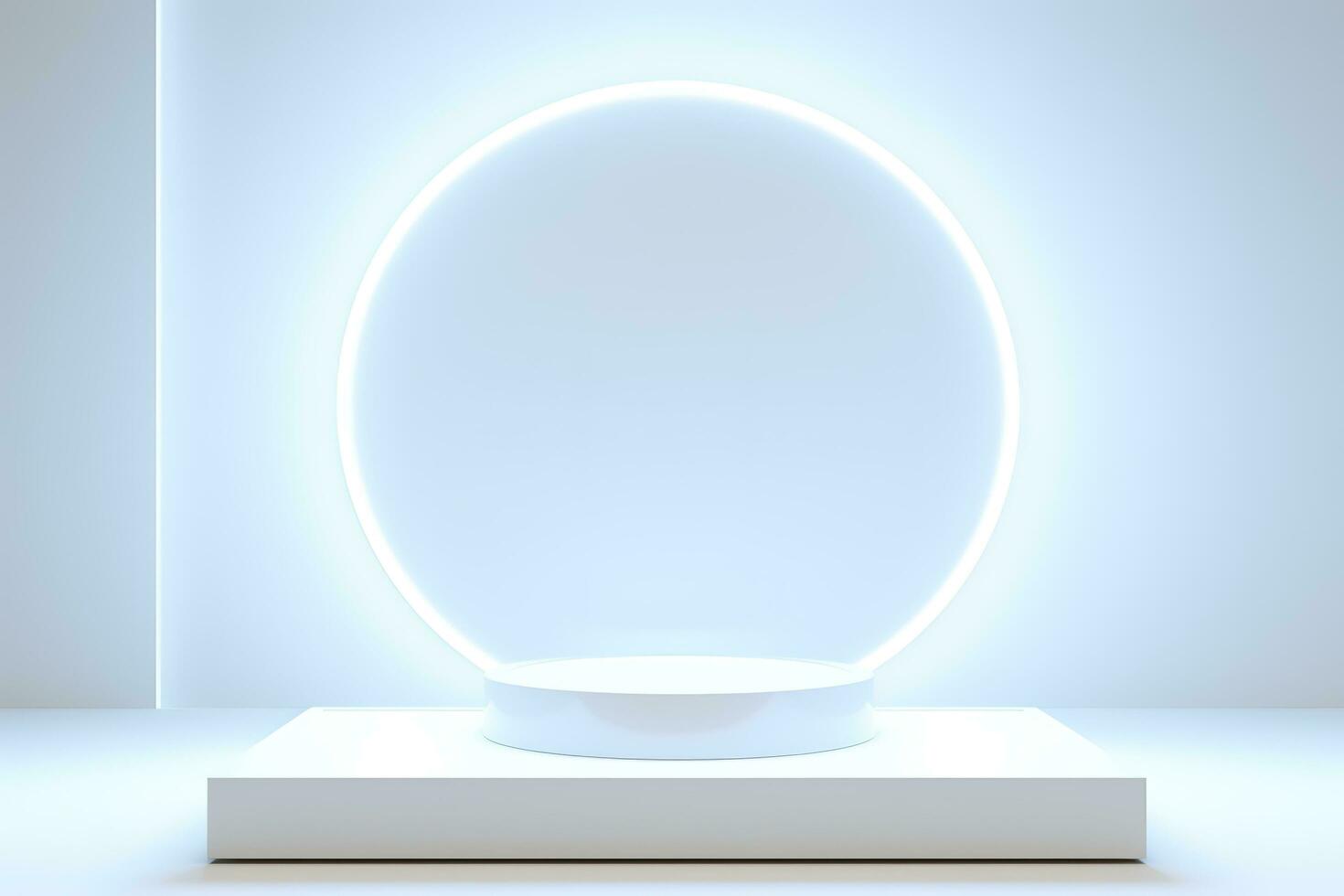 Abstract 3D silver cylinder pedestal podium floating on air with glowing neon ring background. Silver wall scene for product display presentation. rendering geometric platform, generate ai photo