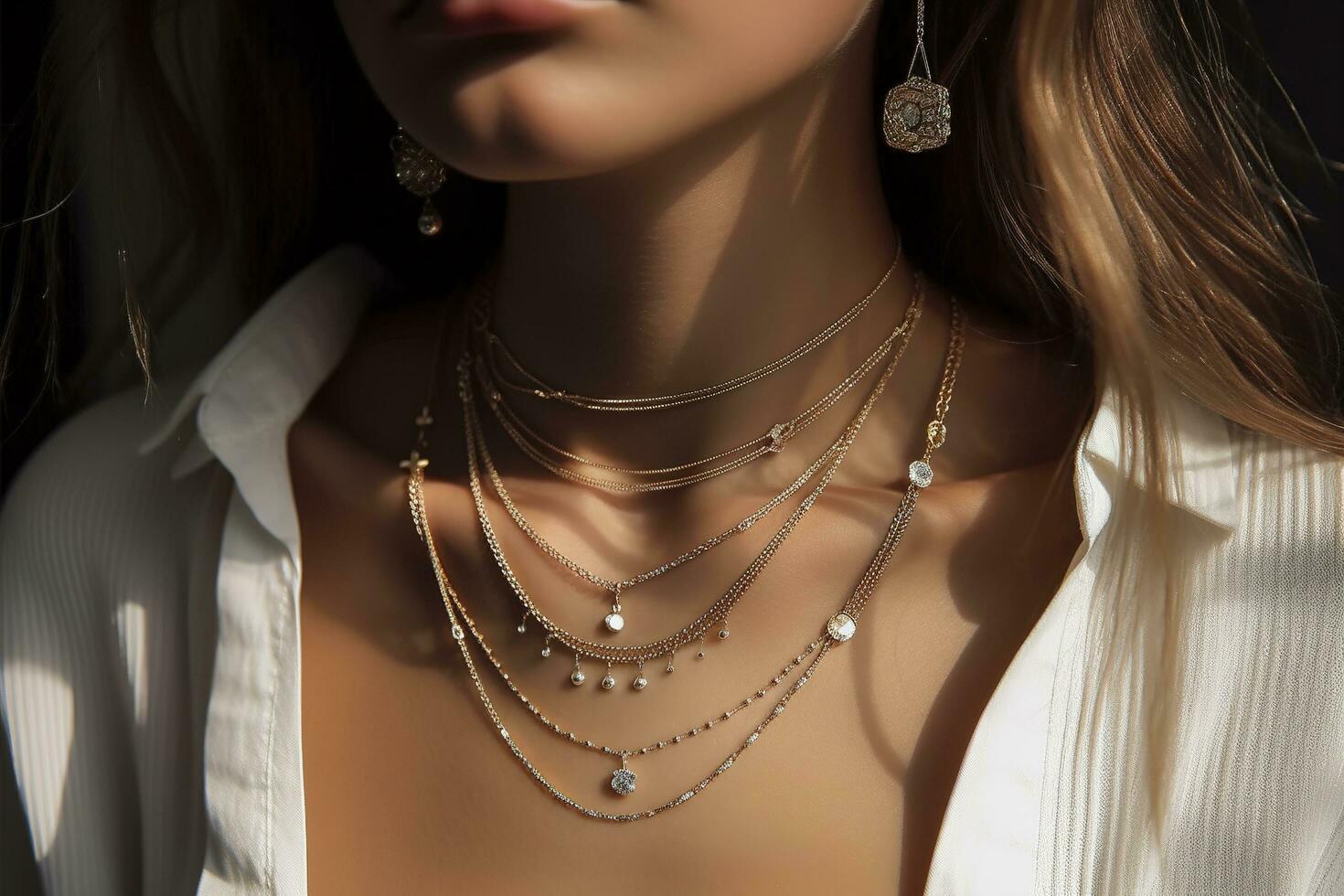 Background with pearls and chains golden metallic necklace. on black. vector illustration, generate ai photo
