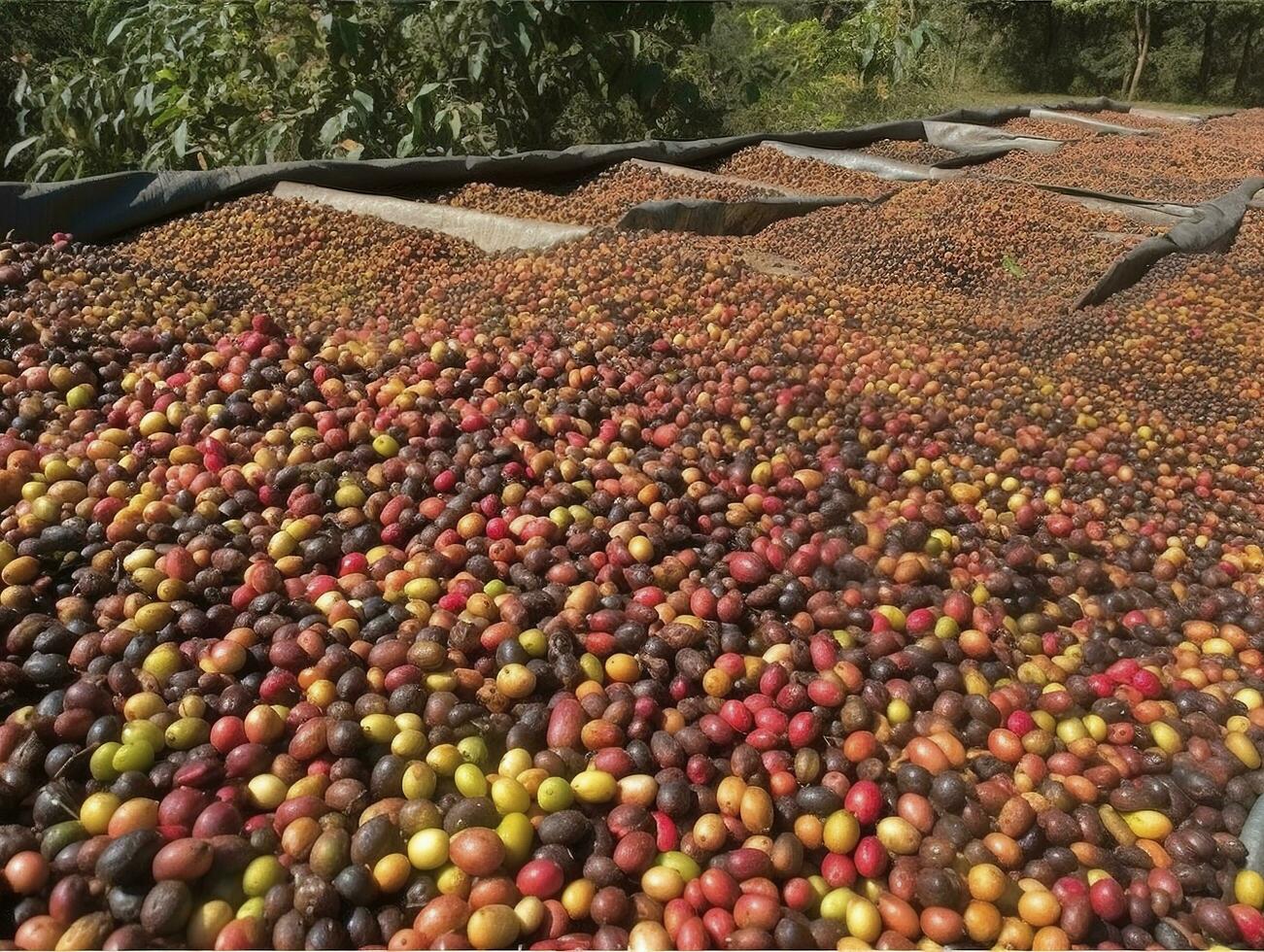 etíope rojo y verde café cerezas acostado a seco en el Dom. esta proceso es el natural proceso. buena zuria, Etiopía, generar ai foto