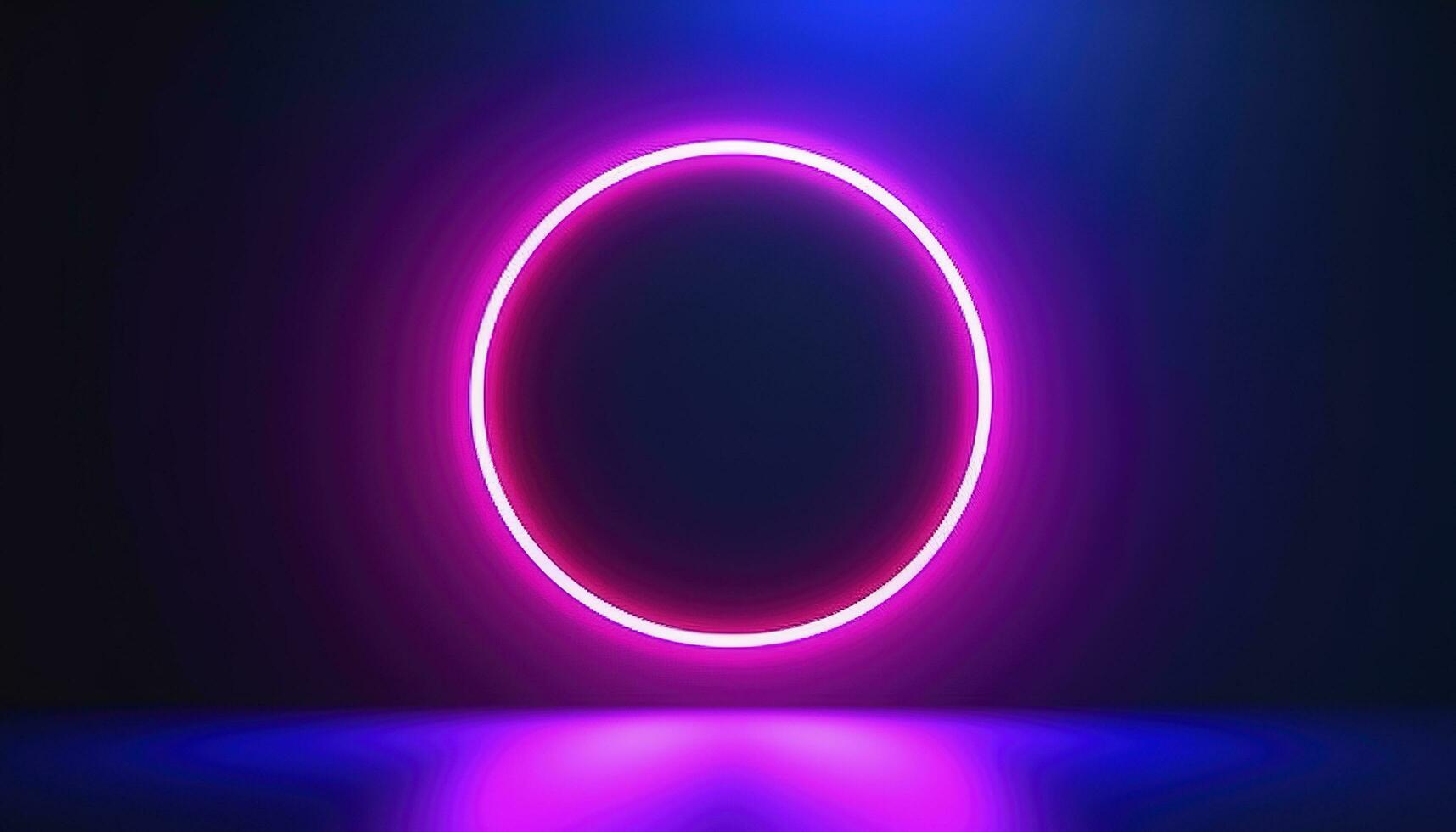 3d render, blue pink neon round frame, circle, ring shape, empty space, ultraviolet light, 80s retro style, fashion show stage, abstract background, generate ai photo