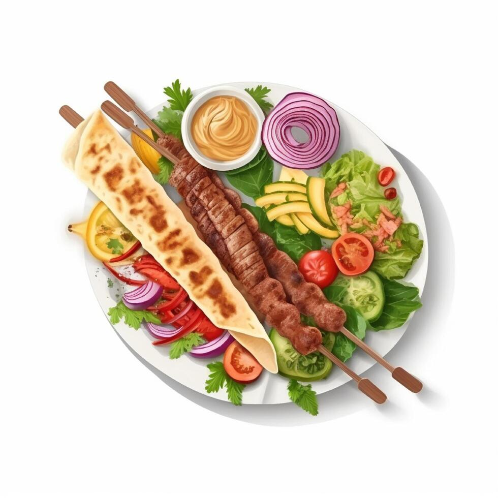 kebabs son medio oriental comida con un pan carne de vaca y vegetal ai generado foto