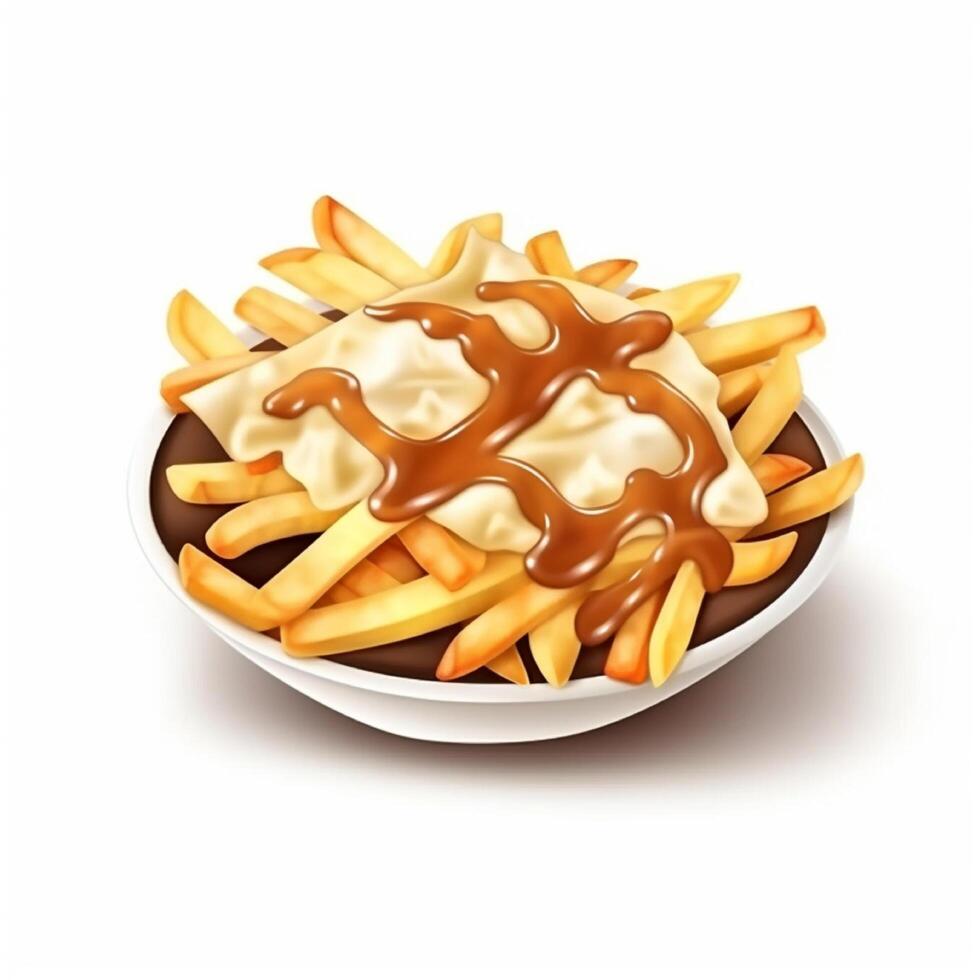 Poutine is a dish of fried potatoes and cheese flakes, and topped with thick gravy. . photo