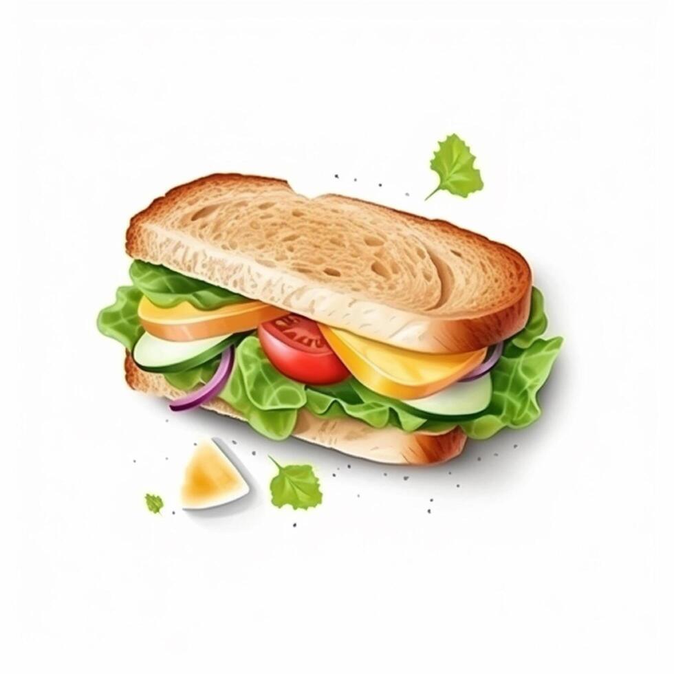 Sandwich with lettuce, onion, egg, tomato, cheese and bread. . photo