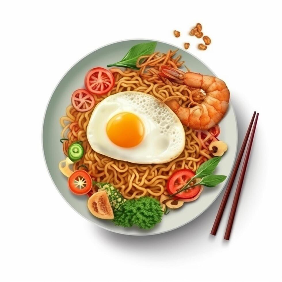 Fried noodles with egg, shrimp, tomato, cucumber. . photo