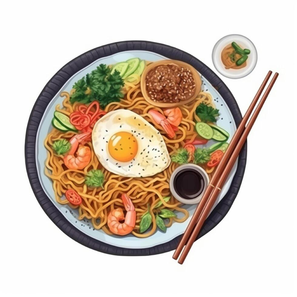 Fried noodles with egg, shrimp, tomato, cucumber. . photo