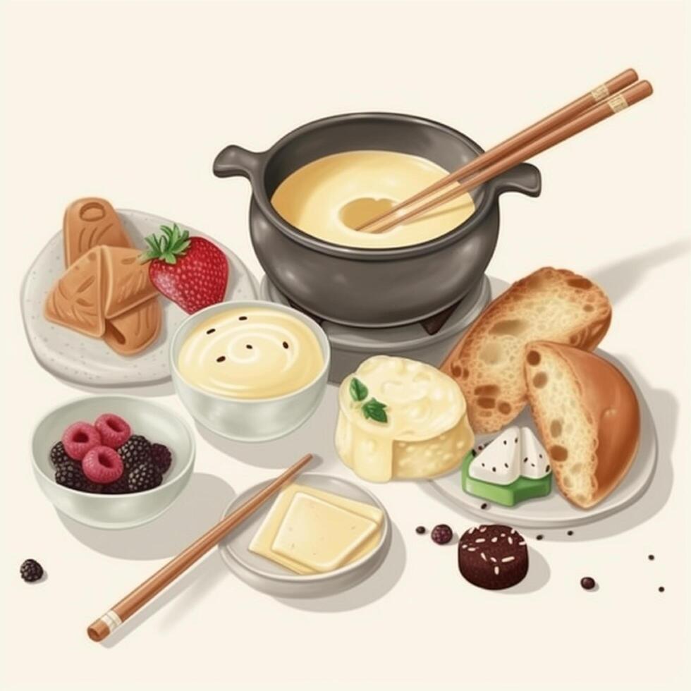 Fondue is a dish that is enjoyed by dipping chunks of food in it cream sauce in the pan. photo