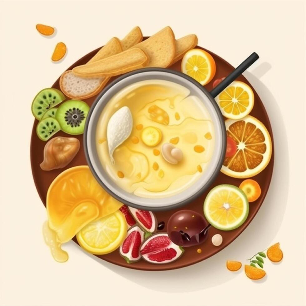 Fondue is a dish that is enjoyed by dipping chunks of food in it cream sauce in the pan. photo