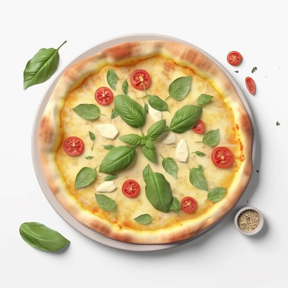 Pizza Margherita from tomatoes, mozzarella cheese, fresh basil, salt and olive oil. . photo