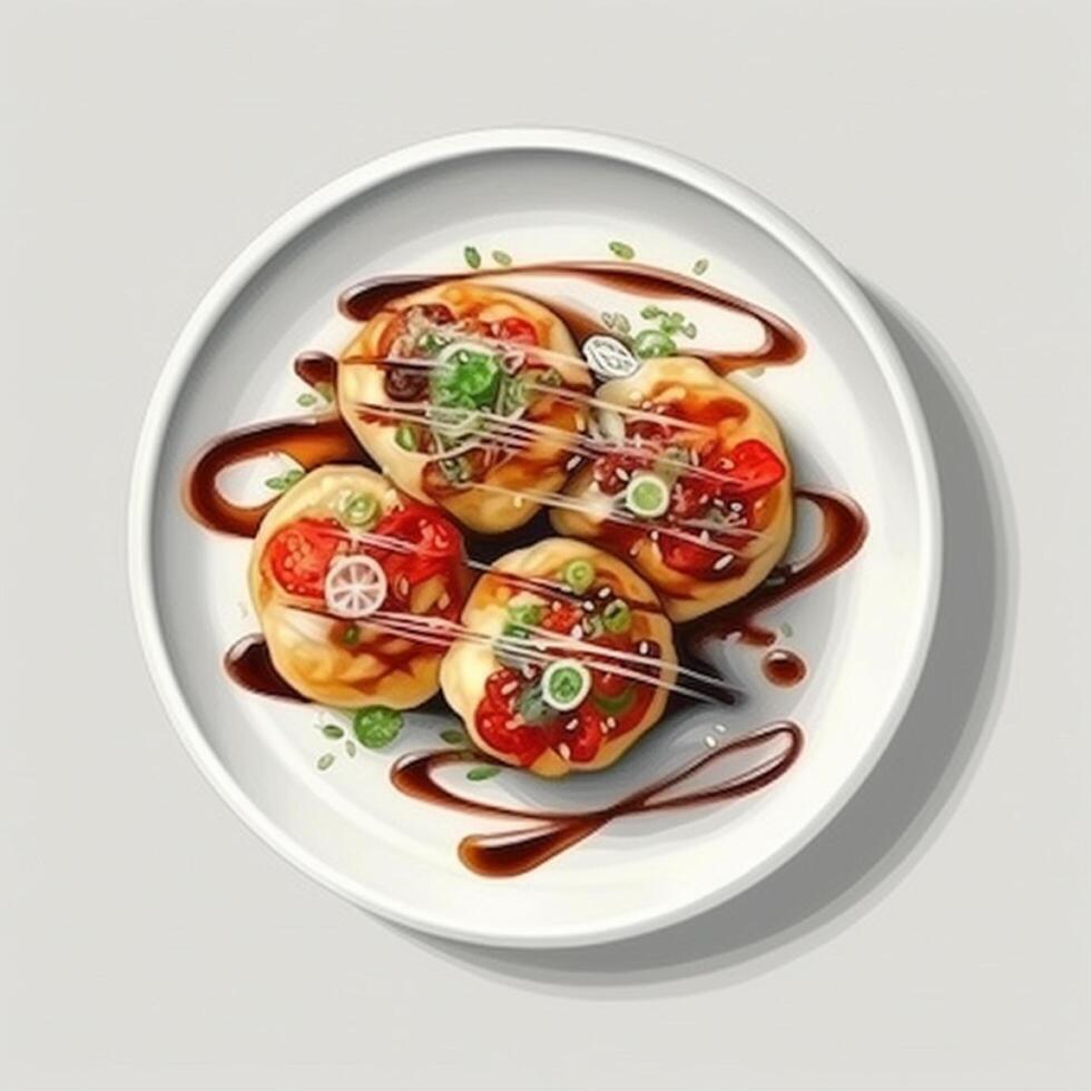 Takoyaki Japanese food. Flour balls filled with octopus pieces. . photo