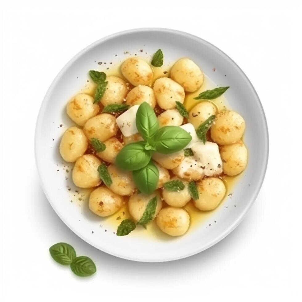 Gnocchi pasta made from potatoes, prepared with cream sauce and peas. photo