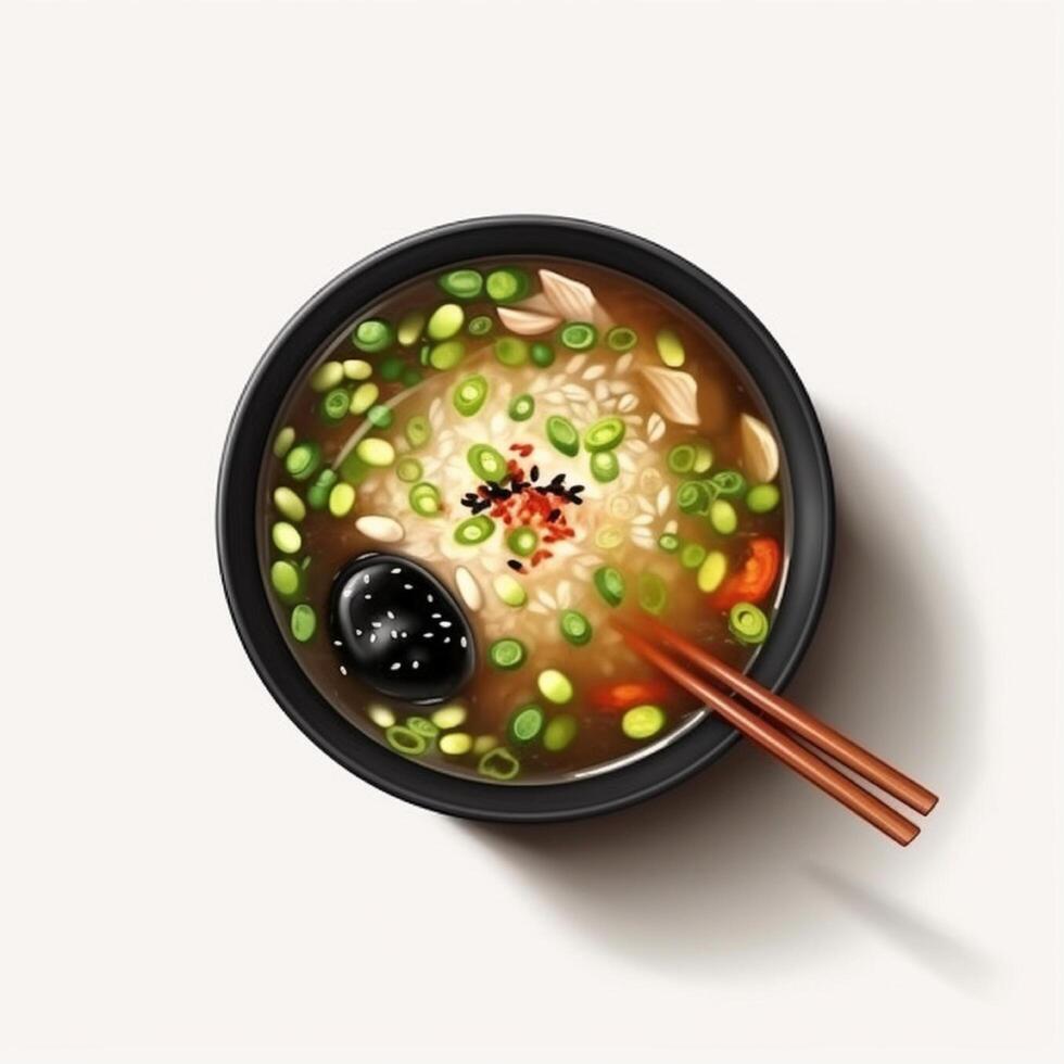 Miso soup is a Japanese soup consisting of dashi plus a filling of seafood or vegetable soup and miso. . photo
