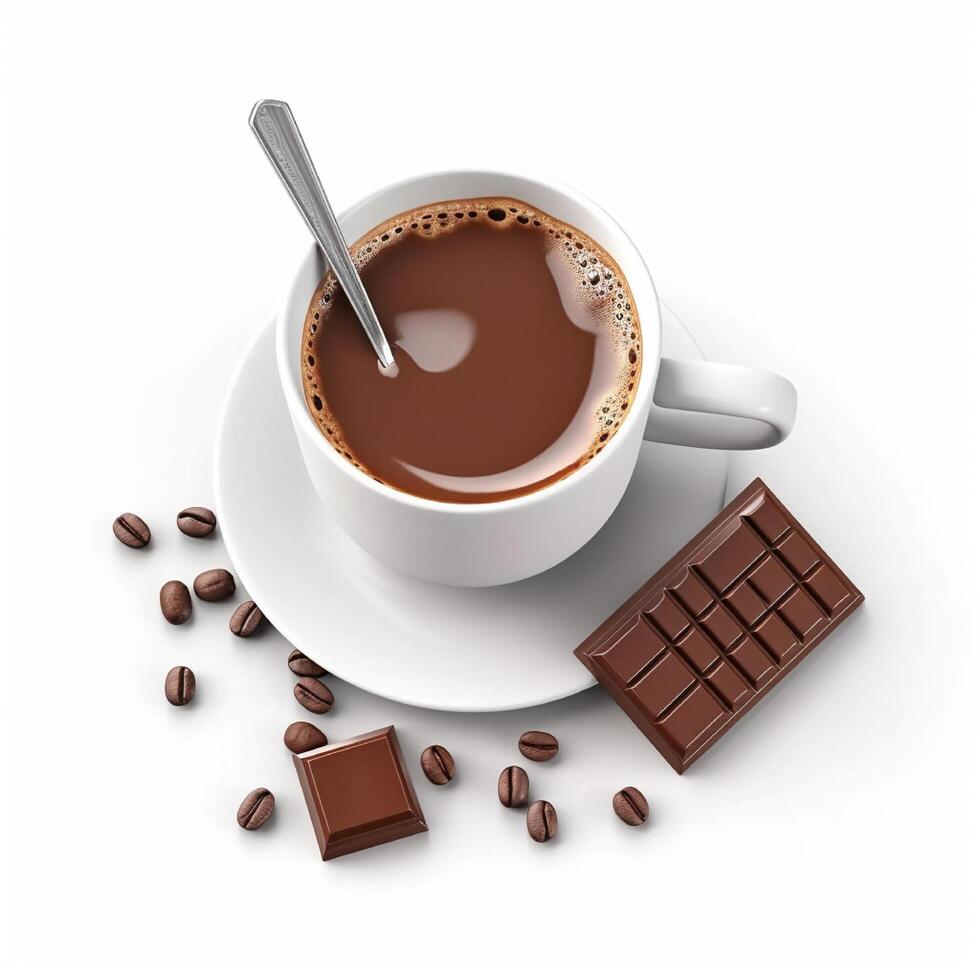 un taza caliente chocolate y chocolate bar en blanco antecedentes. ai generado foto