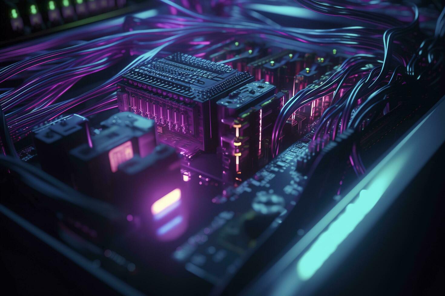 Computer microchip semiconductor on motherboard futuristic cyber neon lighting, generate ai photo