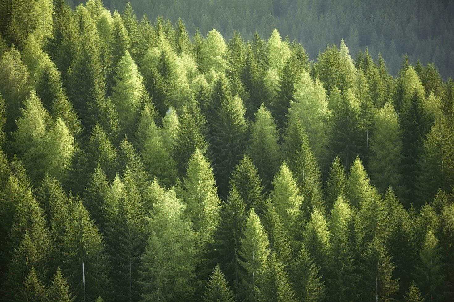 Healthy green trees in a forest of old spruce, fir and pine, generate ai photo