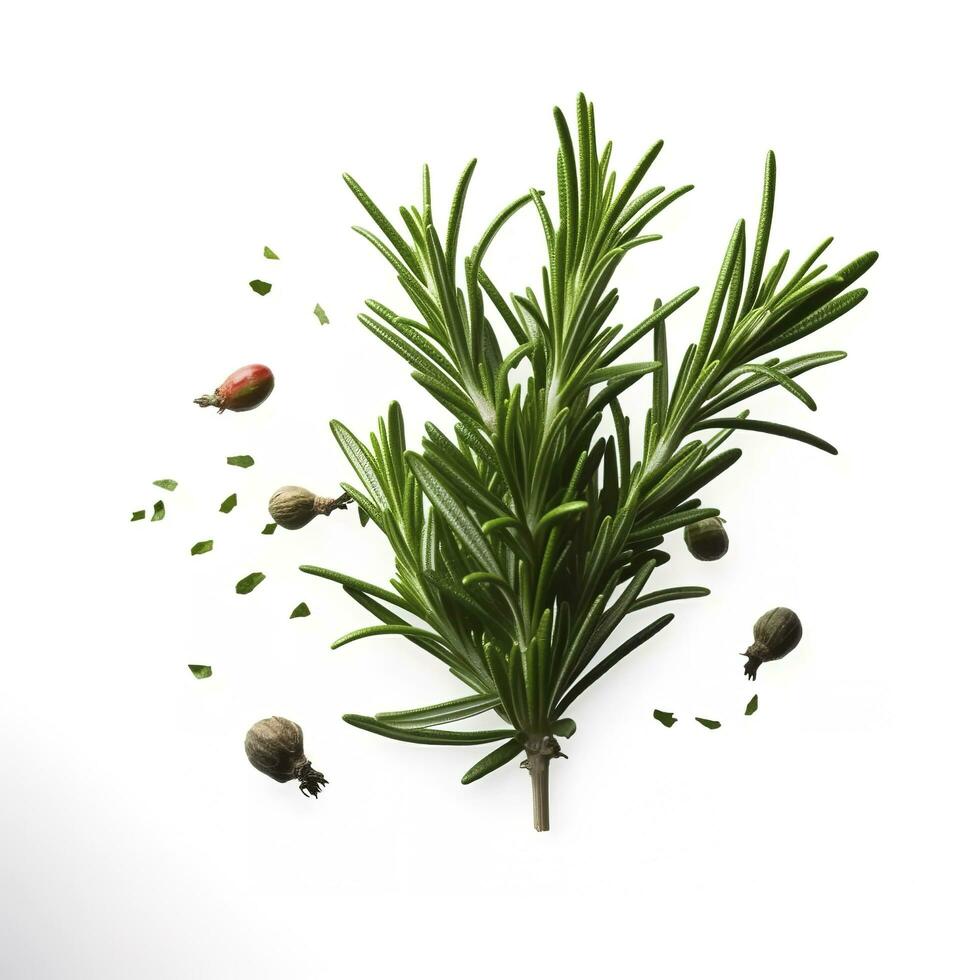 Fresh green organic rosemary leaves and pepper isolated on white background. natural transparent shadow, Ingredient, spice for cooking. collection for design, generate ai photo