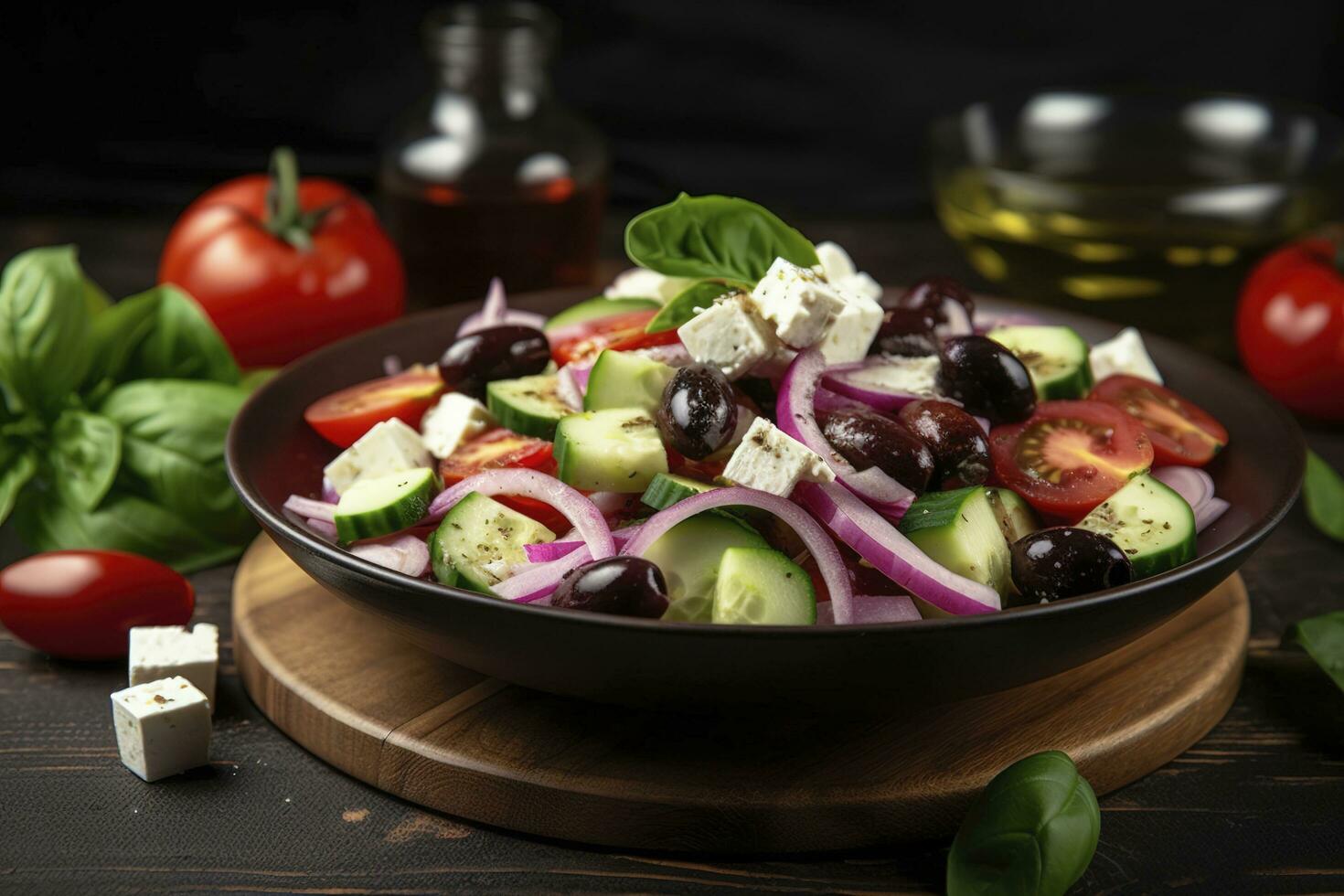 Greek salad with fresh vegetables, feta cheese, kalamata olives, dried oregano, red wine vinegar and olive oil. Healthy food, generate ai photo