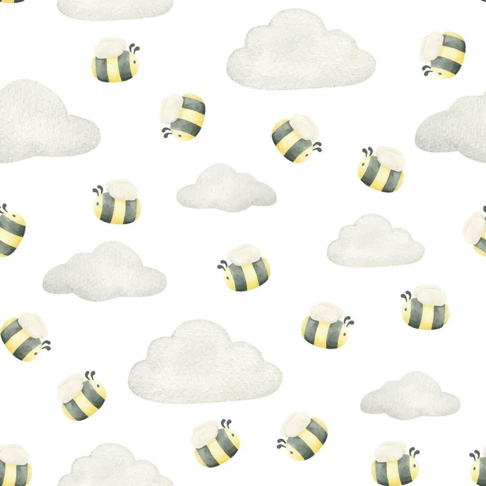 Flying bees and clouds. Watercolor seamless pattern for children. On a white background. For baby shower, textiles, nursery decor, packaging, wrapping paper and scrapbooking vector