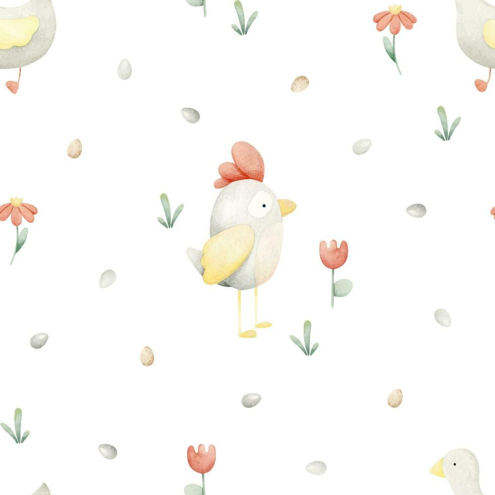 Cute birds, eggs and flowers. Watercolor seamless pattern for children. On a white background. For baby shower, textiles, nursery decor, packaging, wrapping paper and scrapbooking vector