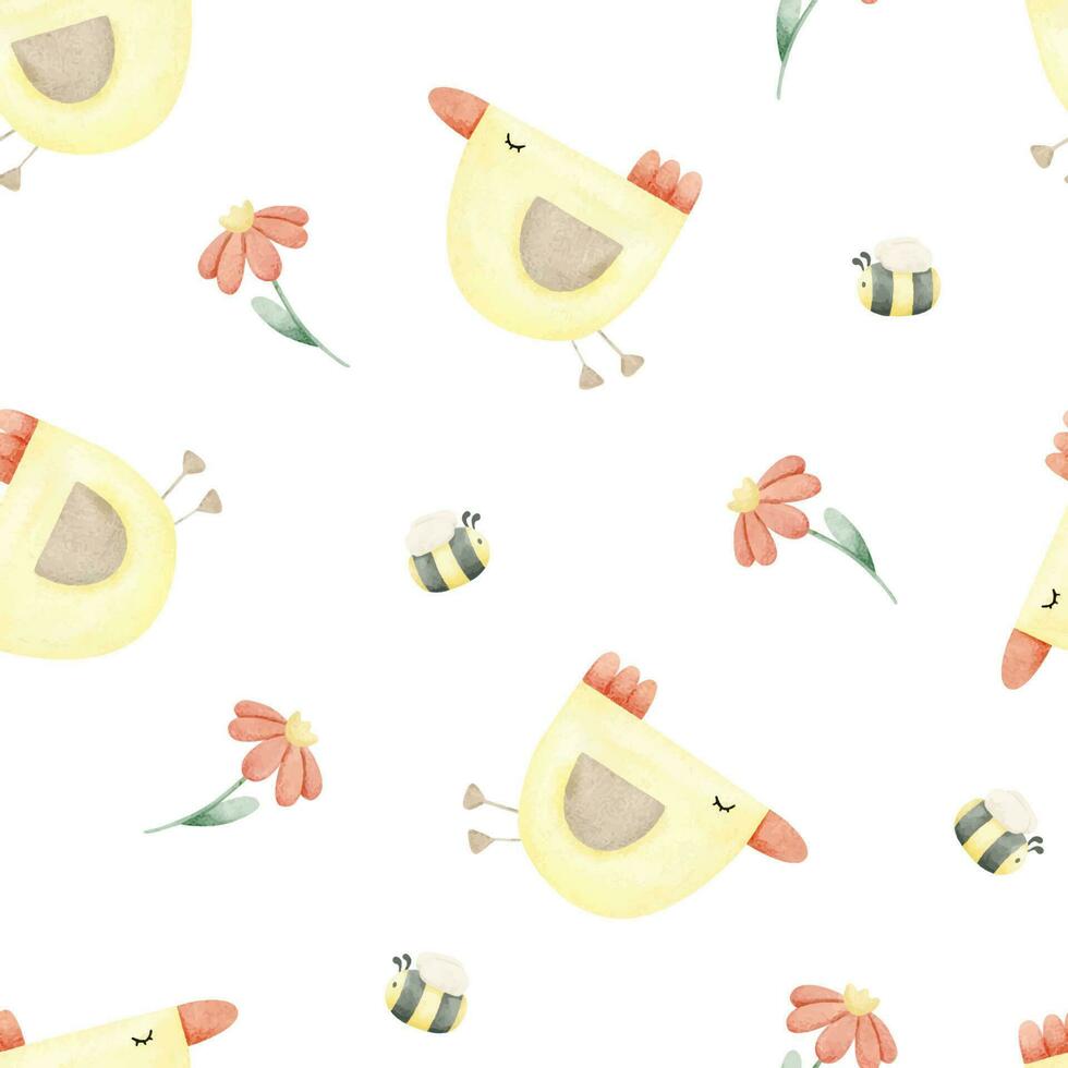 Cute flying birds, bees and flowers. Watercolor seamless pattern for children. On a white background. For baby shower, textiles, nursery decor, packaging, wrapping paper and scrapbooking vector