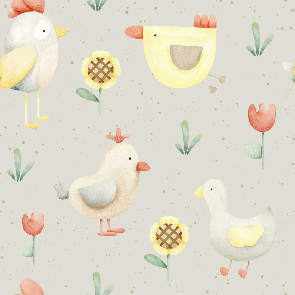 Cute birds and flowers. Watercolor seamless pattern for children. On a gray background. For baby shower, textiles, nursery decor, packaging, wrapping paper and scrapbooking vector