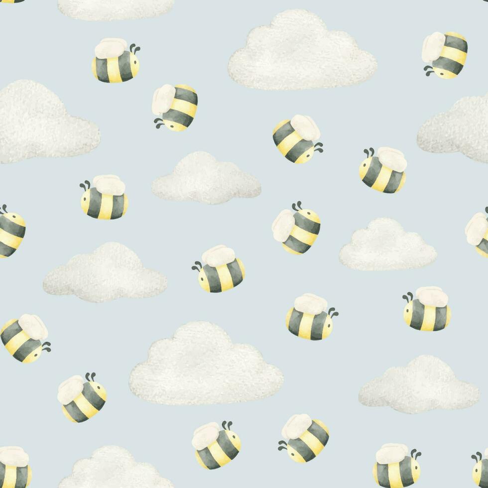 Flying bees and clouds. Watercolor seamless pattern for children. On a blue background. For baby shower, textiles, nursery decor, packaging, wrapping paper and scrapbooking vector